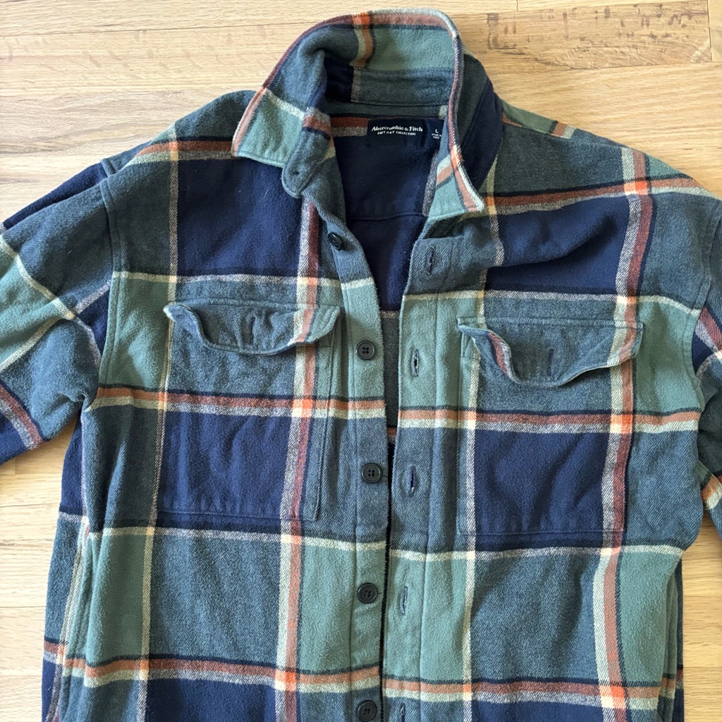 Abercrombie & Fitch Navy, Green & Orange Plaid Flannel Shirt Jacket